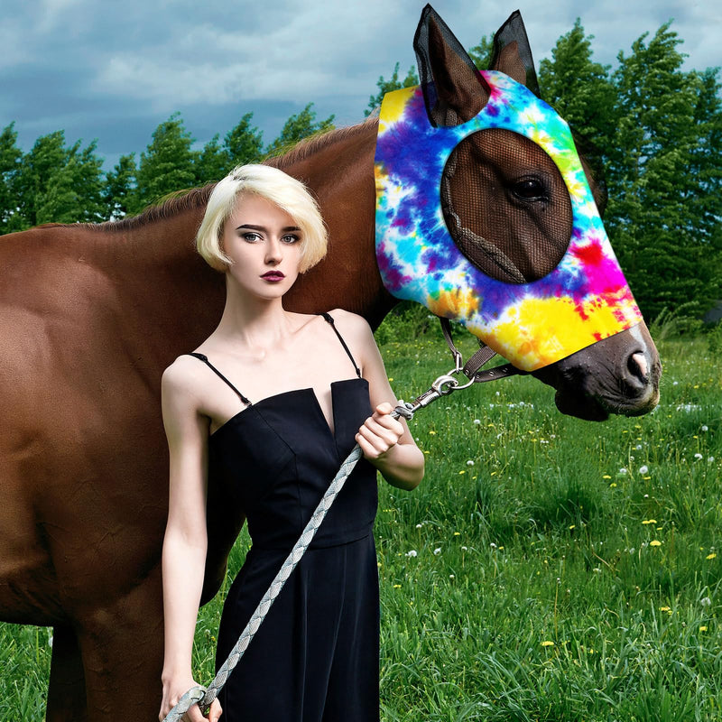 Chunful 6 Pcs Horse Fly Masks with Ears Smooth and Comfortable Mesh Fly Mask Elasticity Breathability UV Protection Horse Face Covering for Riding Supplies(Tie Dye,Medium) Tie Dye Medium