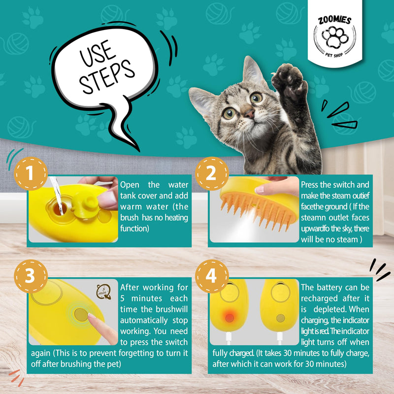 | Cat steam brush for shedding | 3-in-1 Steam brush for cats to remove loose hairs and reduce your cat's stress Yellow - PawsPlanet Australia