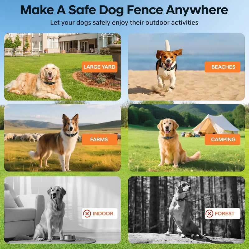 Wireless Dog Fence, GPS Dog Collar Fence System with 3 Warning Modes, Rechargeable Wireless Fence for Dogs