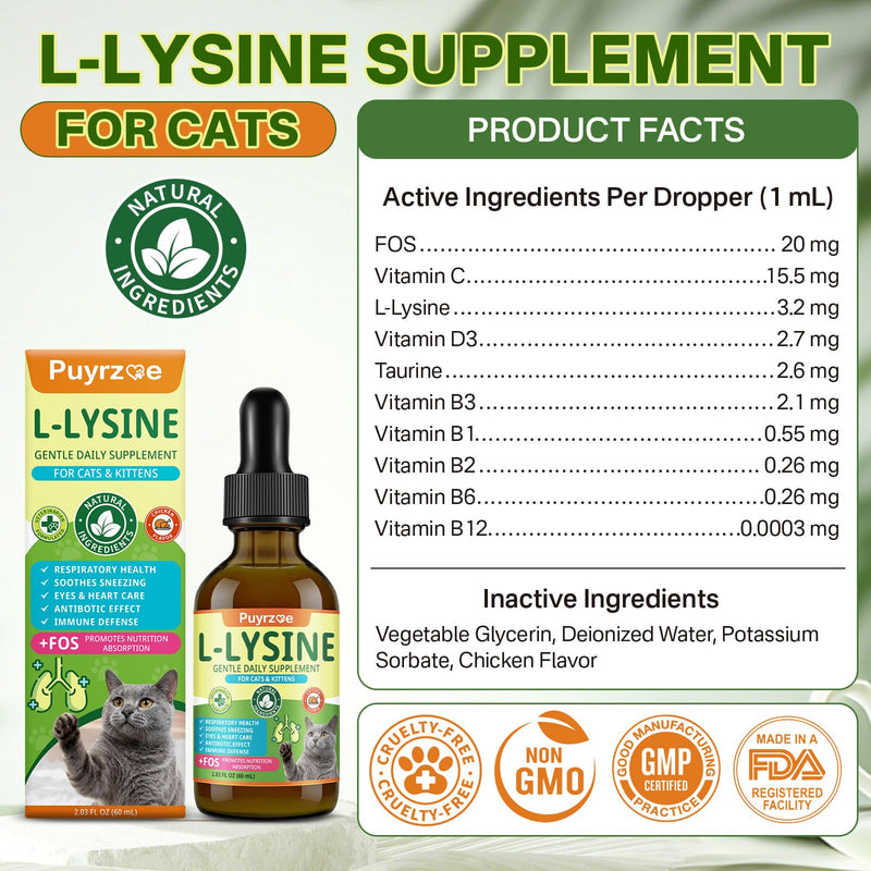 Puyrzoe L-Lysine for Cats Drops – Sneezing, Runny Nose & Watery Eyes Relief, Liquid Cat Lysine Supplement for Immune & Respiratory Support with Taurine & Vitamins, to Boost Energy & Appetite, 60 mL