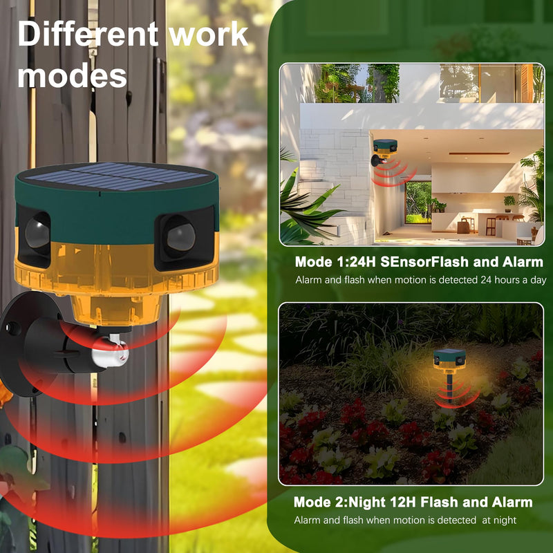 Solar Outdoor Motion Sensor Alarm: Dog Barking&Gunshot Sound, 129db Loud Siren,Support Recording, 13 Kinds of Sound Strobe Light Yellow 1 Pack