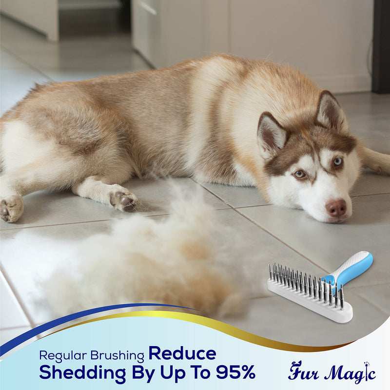 Fur Magic Dematting Comb for Dogs – Undercoat Brush for Dog Grooming - Double Row Stainless Steel Pins Dog Brushes for Shedding – Skin-Friendly and Safe Deshedding Tool for Dogs Dematting Rake