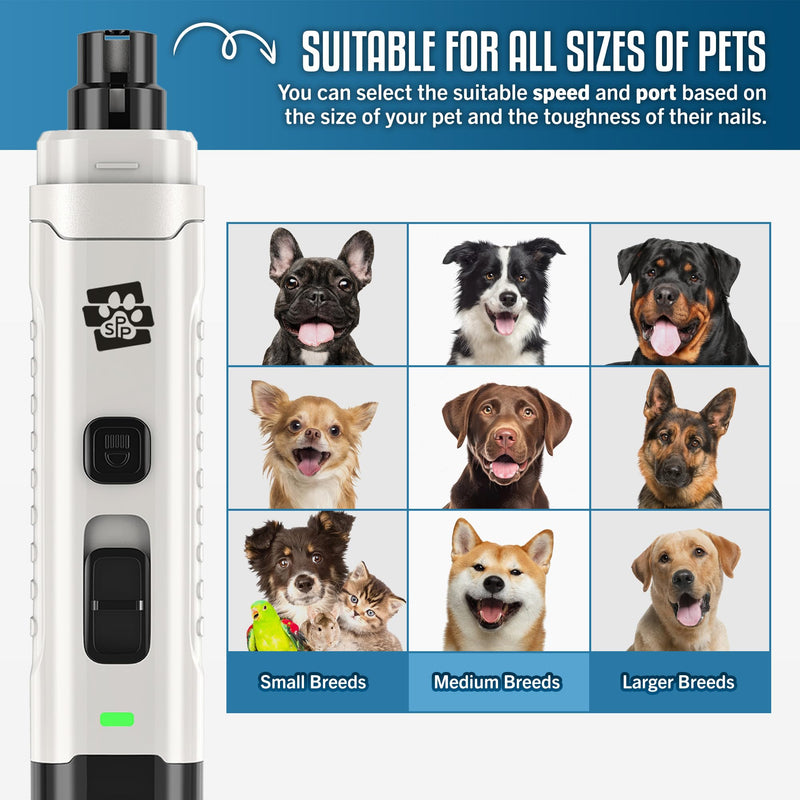 Dog Nail Grinder - Ultra Quiet Operation - Upgraded Dog Nail Trimmer with 2 LED Lights - 2-Speed Rechargeable Nail Grinder - for Small, Medium and Large Dogs - Extra Grinding Head - PawsPlanet Australia