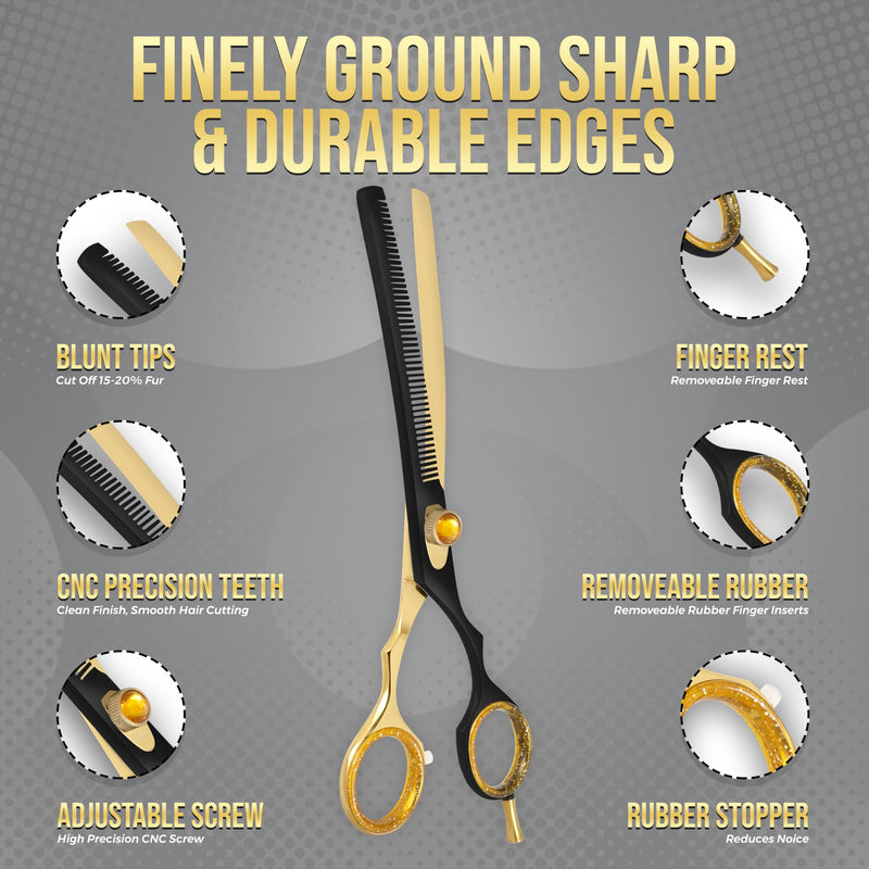 ZAVRIX Professional Dog Grooming Scissors – 7.5” Curved Thinning Shears with 34 Teeth, Pet Chunkers for Dogs & Cats, Premium 440C Stainless Steel Grooming Tools (Golden Black Curved Thinning Scissor) Golden Black Curved Thinning Scissor - PawsPlanet Australia