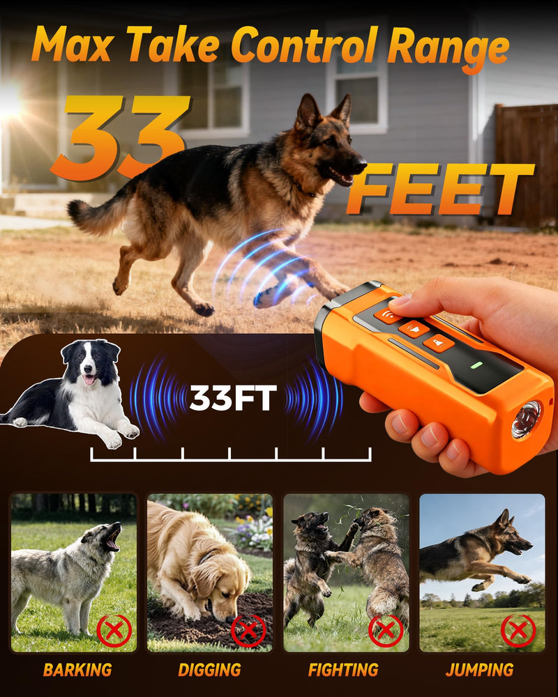 Dog Bark Deterrent Devices, 6 Modes 3X Ultrasonic Anti Barking Device for Dogs, 33 FT Range Barks No More Indoors Neighbor Outdoors with Flashlight,Dog Training Device Orange