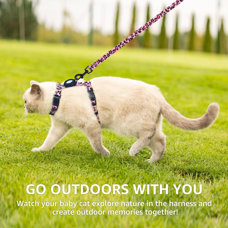 SCENEREAL Adjustable Cat Harness and Leash Set with AirTag Holder, Escape-Proof Design for Small to Large Cats, Lightweight Soft Travel Harness, Pink Leopard - PawsPlanet Australia