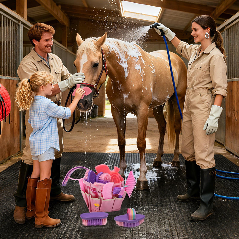 Horse Grooming Kit, Horse Brushes for Grooming Supplies Set with Organizer Bag, Horses Tack Brush Set for Effective Grooming and Cleaning, Gift for Horse Riders Beginners, Pink 9