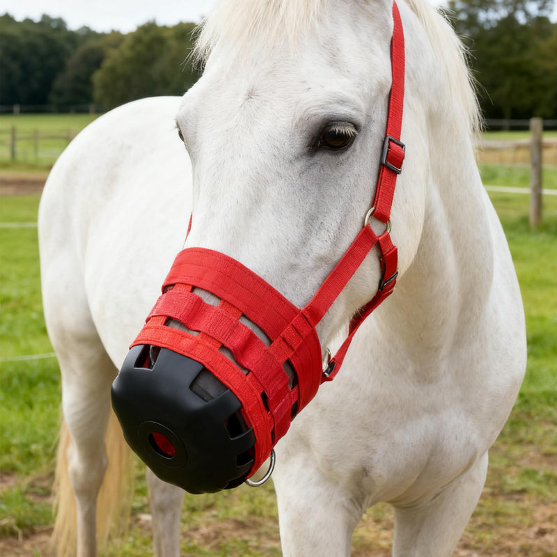 Horse Grazing Muzzle with Safety Strap Adjustable Breathable Design for Pasture, Laminitis Prevention & Weight Management, Red - PawsPlanet Australia