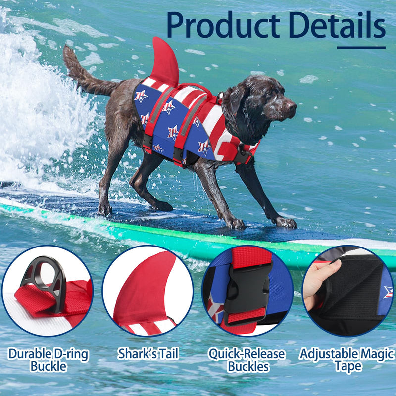 Dog Life Jacket, American Flag Ripstop Shark Dog Life Vest for Swimming & Boating, High Buoyancy Reflective Pet Vest with Rescue Handle, for X-Small/Medium/Large/X-Large Dogs (USA Flag, XL) X-Large - PawsPlanet Australia