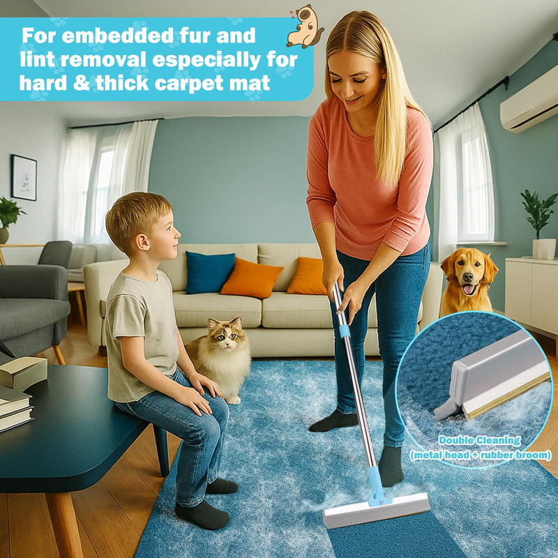 3PCS Pet Hair Removal Tool - Reusable Carpet Rake for Deep Stubborn Cleaning with Copper Head Scraper and Silicone Scraper, 52" Adjustable Long Handle Dog Hair Remover Broom for Sofa, Rugs, Couch, Car - PawsPlanet Australia