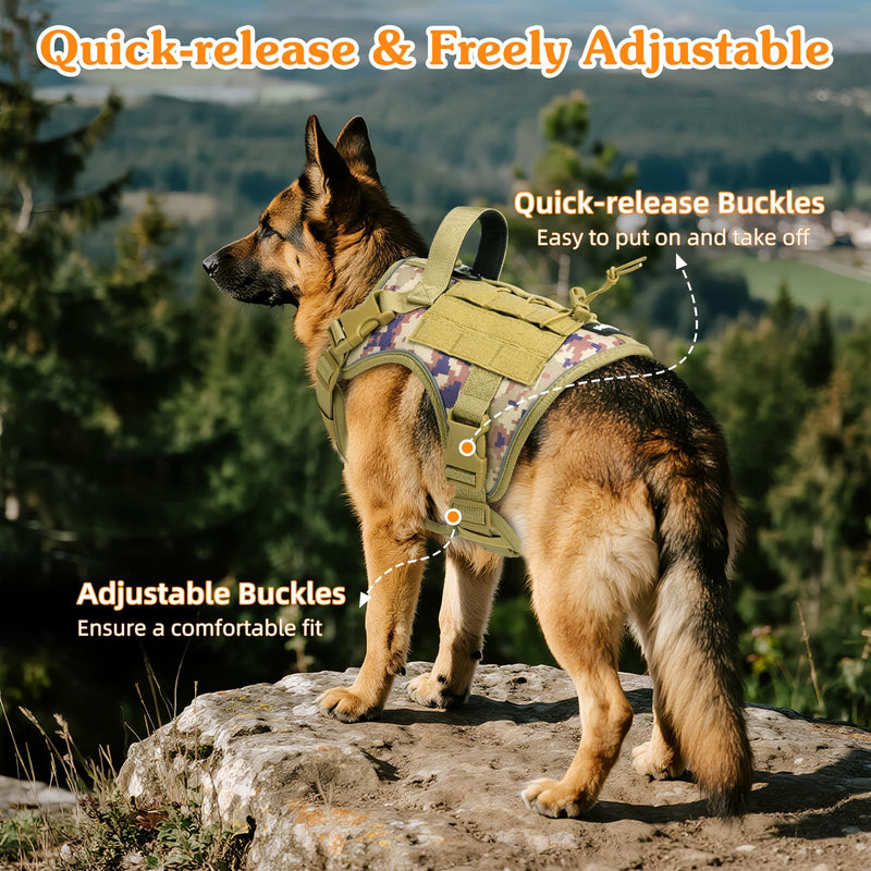 Heavy Duty Tactical Dog Harness for Large Dogs, No Pull Adjustable Pet Harness Reflective Service Training Easy Control Pet Vest Military K9 Working Dog Harnesses, Desert Camouflage, XL XL: 75-135 lbs (Chest: 26-43.3", Neck: 17.3-30.7")
