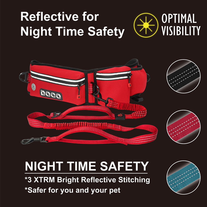 DOCO Heavy Duty Hands Free Dog Leash, Retractable Bungee for Running Walking Jogging, Training, Hiking │ Adjustable Waist Belt, Reflective Stitches, Dual Handle (Medium-Large Dogs, 20-100 lbs) Red Original - PawsPlanet Australia