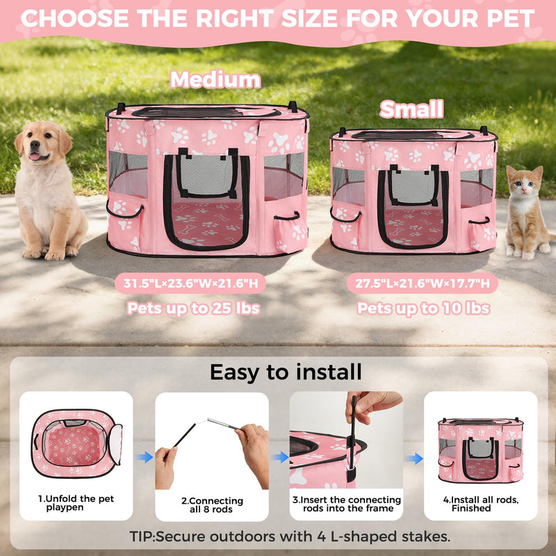 Homimp Portable Pet Playpen for Indoor Cats & Puppies, Foldable Dog Playpen Outdoor Tent Crate Cage with Pee Pad & Carry Bag, Pet Crate with Mesh Sides for Small Animals Travel, Pink S Small: 27.5"L x 21.6"W x 17.7"H