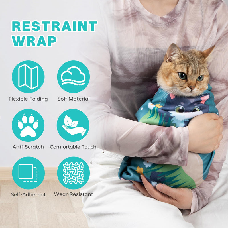 Cat Grooming Wrap, Cat Wrap for Cutting Nails, Self-Adherent Fabric Wrap for Cats, Cat Burrito Wrap Anti-Scratch, Anti-Escape, Multifunctional Swaddle Wrap Pet Tool 27.5×27.5" Large - PawsPlanet Australia