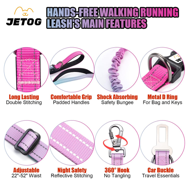Heavy Duty Hands Free Dog Leash, 5-7 FT Reflective Adjustable Waist Dog Leash Belt with Padded Handles, Shock Absorbing Bungee and Car Seat Belt for Large Medium Dogs (Gradient Pink, XL) XL - 3 Handles, 5.4-7.0 FT Length Gradient Pink