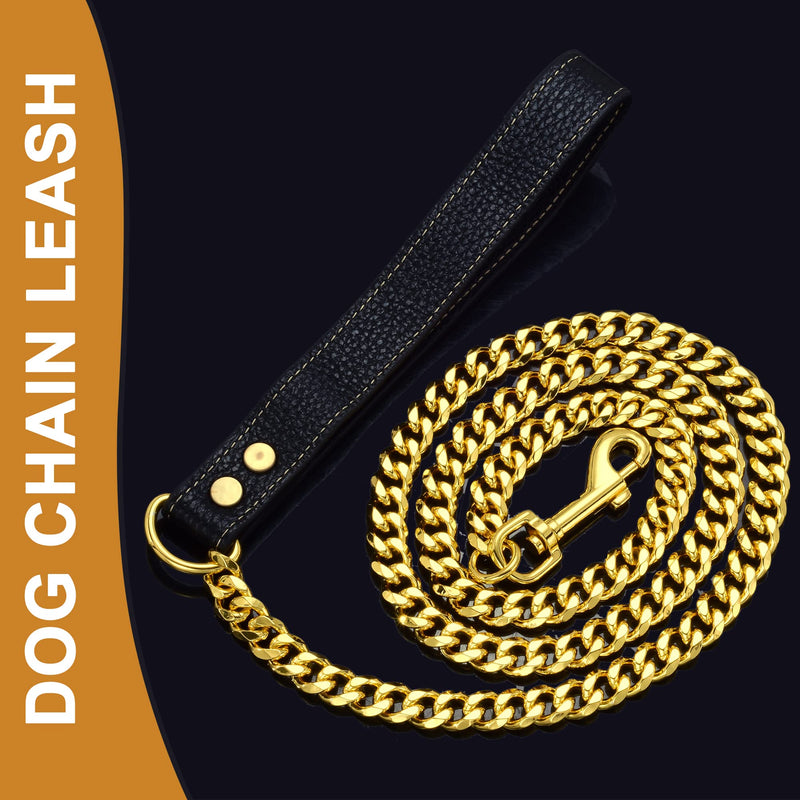 Dog Chain Leash Gold Dog Leash 4FT 18K Gold Stainless Steel 10mm Cuban Link Dog Leash with Comfortable Genuine Leather Handle for Puppy Small Medium Large Dogs(G, 4.3FT) Total Length 4.3FT - PawsPlanet Australia
