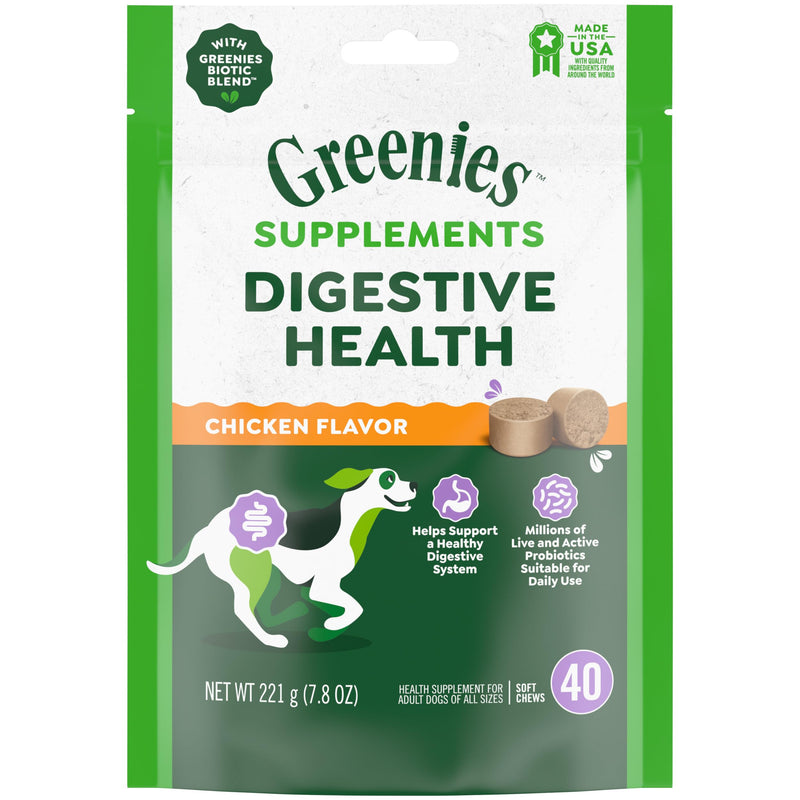 Greenies Supplements Digestive Health Probiotics for Dogs Chicken Flavor, 40 Count Soft Chews Dog Probiotics, 7.8 oz. Pouch - PawsPlanet Australia