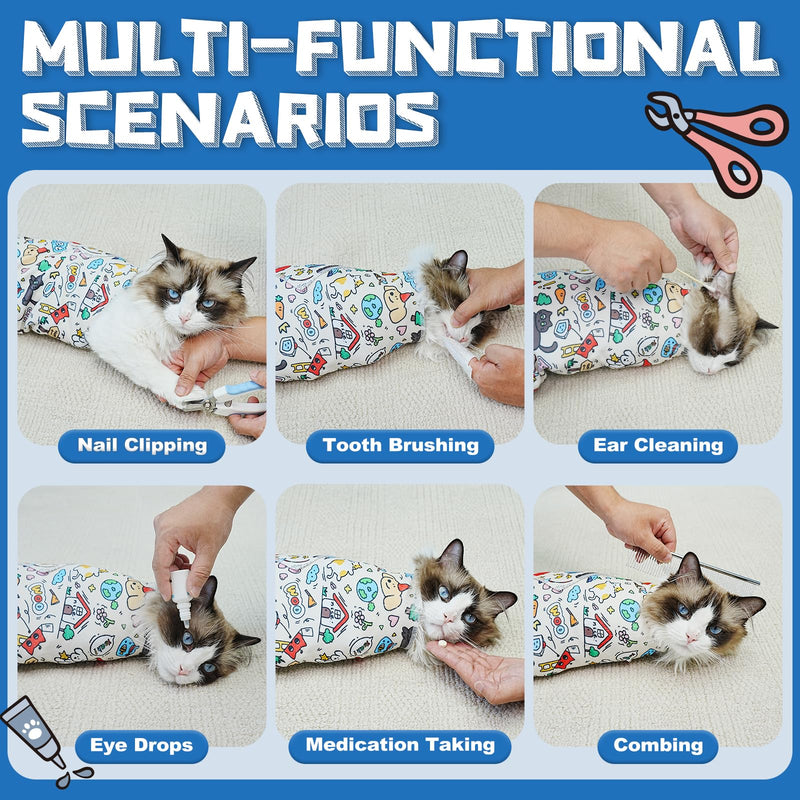 Supet Cat Grooming Wrap for Cutting Nails, 2026 Self-Adherent Anti-Escape Calming Cat Swaddle Wrap for Medicine, Nail Clipping, Teeth Brushing, Ear Cleaning (Cartoon, XL) XL-31.5in ( Weight:＜ 25lbs ) Cartoon