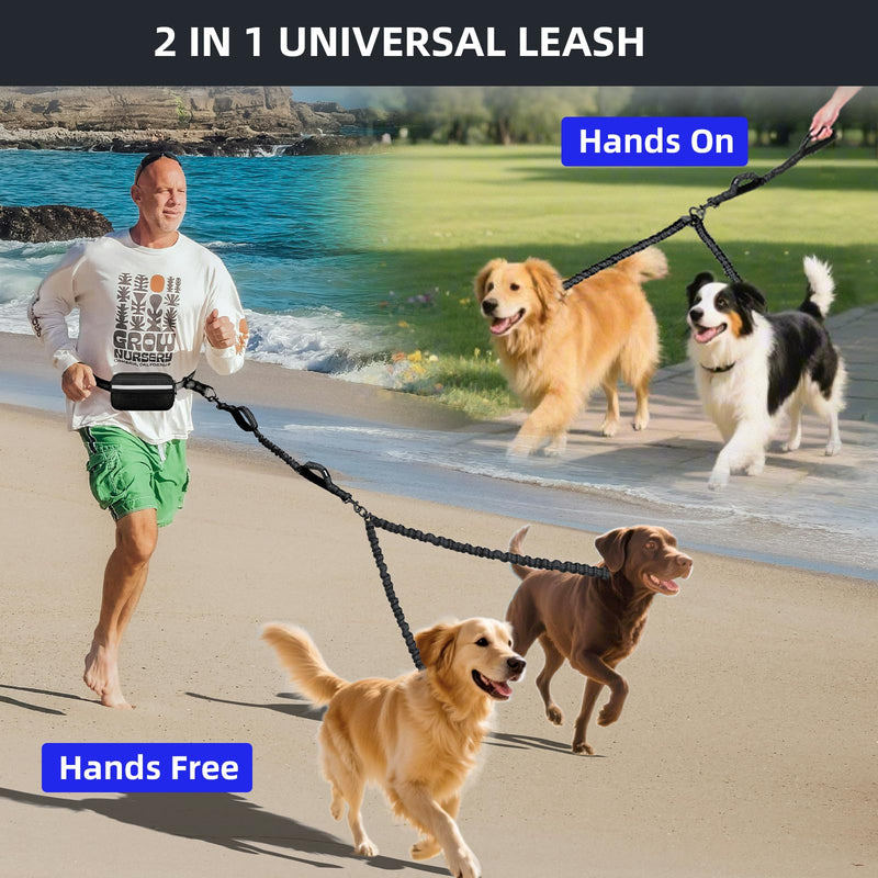Hands Free Double Dog Leash with Pouch, Dual Leash for 2 Dogs with Reflective Padded Handles, Durable Bungee and Lumbar Waist Belt for Walking, Jogging and Running (Medium/Large, 25-120 lbs) Medium/Large - PawsPlanet Australia