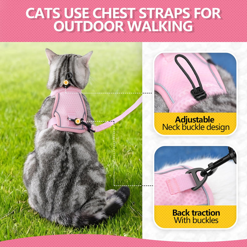 2 Pcs Cat Outdoor Harness and Leash, Escape Proof Adjustable Vest for Pet, Breathable Mesh Reflective Strip Vests, for Most Cats and Samll Dogs (Pink, M) Pink
