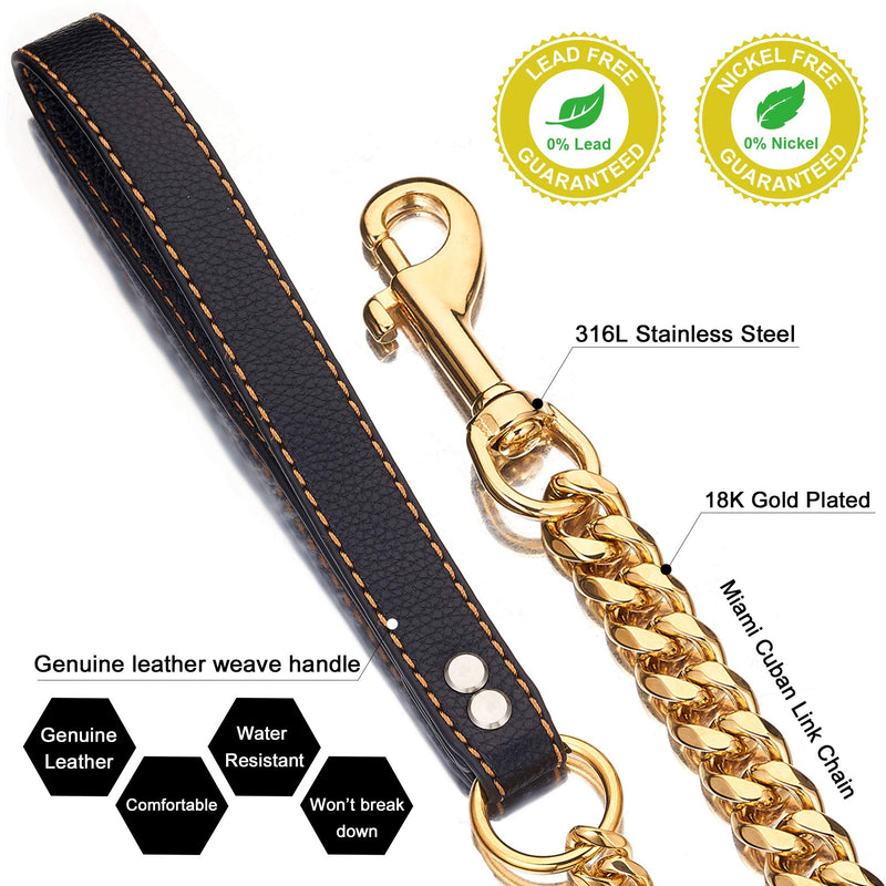 PRADOG Chain Dog Leash Metal Chew Proof 15MM Heavy Duty Pet Leash Chain with Leather Padded Handle for Large Medium Small Dogs(Totally Length of 3ft) Gold 3.0 FT ( For Larger Dog) - PawsPlanet Australia