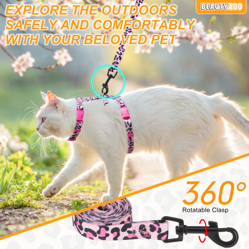 BEAUTYZOO Cat Harness and Leash Set Escape Proof for Walking, Kitten Soft Adjustable Vest Harnesses for Small Medium Large Cats, Easy Control Breathable Plaid Ribbon Nylon for Outdoor Indoor Use Medium(Chest: 14"-22") Leopard Pink - PawsPlanet Australia