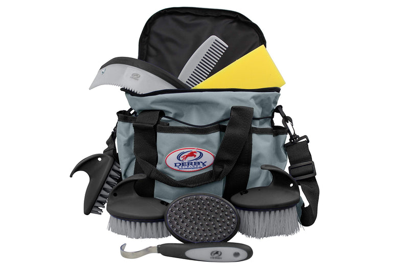Derby Originals 9Piece Horse Grooming Set with Matching Nylon Carry Bag - Available in 8 Fun Colors, Grey & Black Grey/Black - PawsPlanet Australia