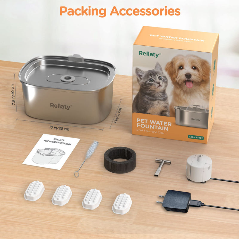 Cat Water Fountain Stainless Steel: 3.2L/108oz Pet Fountain Water Bowl Dog Drinking Dispenser Cat Feeding & Watering Supplies Animal Metal Kitty Spout for Cats Inside with 4 Replacement Filters Pet Fountain + 4PCS Filters + 1PC Sponge - PawsPlanet Australia