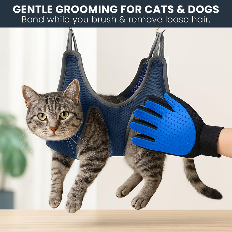 Grooming Hammock Kit for Dogs & Cats, Includes Hammock Harness, Nail Clippers, Nail File, Grooming Glove, Dematting Comb, S-Hooks, Carabiners & Storage Bag for Easy Home Grooming small (75×49) cm Blue - PawsPlanet Australia