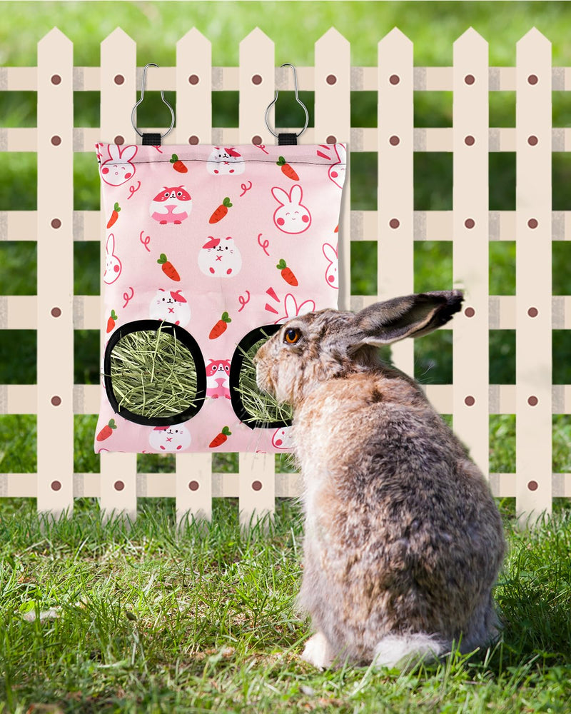 Bissap Rabbit Hay Feeder Bag, 2 Holes Hanging Hay Feeder Guinea Pig Hay Bag for Rabbits Bunny Chinchillas Hamsters Rats and Other Small Pets Small Animal - S (Pink) 2 Holes- Pink