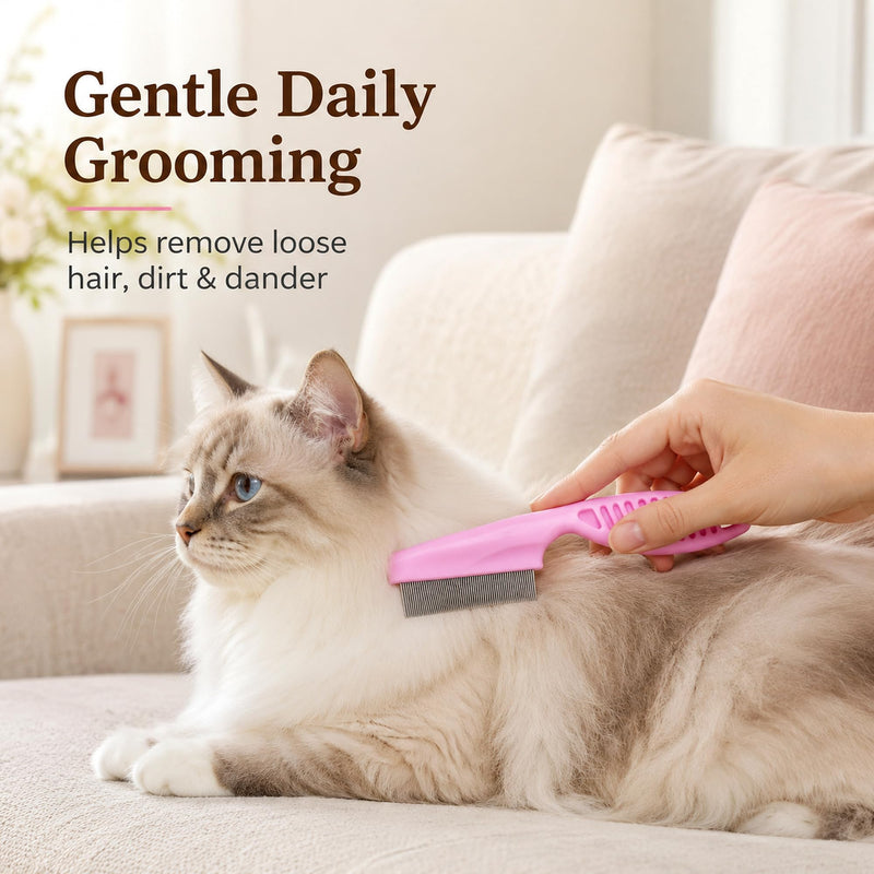 Flea Comb for Cats and Dogs, Small Pink Fine Tooth Pet Grooming Comb with Stainless Steel Teeth, Manual Pet Care Tool for Kittens, Puppies, Face, Eyes, Paws, Short Medium Coats