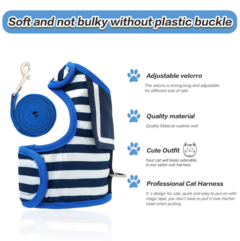 Escape Proof Cat Harness with Leash Large, Adjustable Cat Walking Jackets, Padded Cat Vest Sailor Suit Navy L(3.5-5.5kgs) - PawsPlanet Australia
