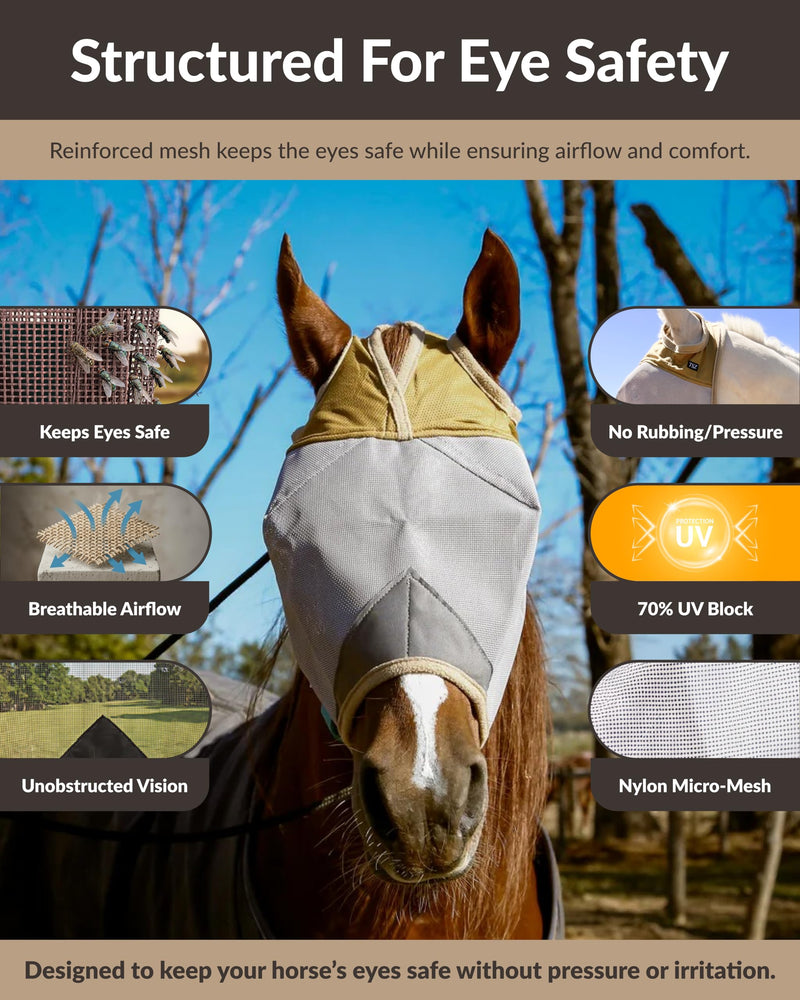 TSZ Horse Fly Mask Standard No Ears - UV Block 70% Breathable Soft Fleece Padding Fly Masks for Horses Flymask Durable Fly Control Comfortable Adjustable Straps All-Day for Equines Standard (Horse)