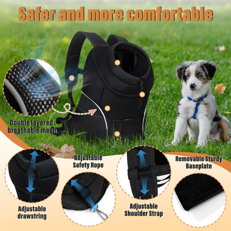 YUDODO Dog Front Carrier Backpack, Adjustable Breathable Pet Carrier for Small Dogs, Ventilated Puppy Back Pack with Safety Belt, Lightweight Doggy Backpack for Hiking Outdoor(Jet Black, L:9-13.5 lbs) Jet Black Large (9-13.5lbs) - PawsPlanet Australia