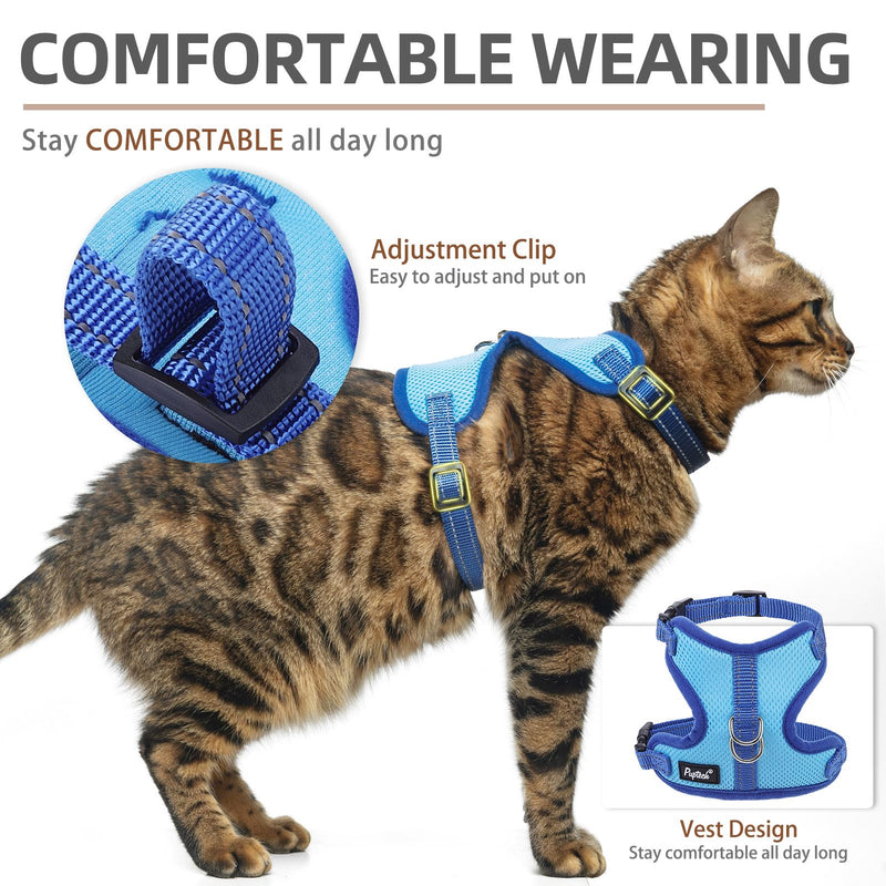 PUPTECK Cat Harness and Leash Set Escape Proof, Reflective Adjustable Soft Mesh Kitten Vest Harness for Walking Travel, Blue, M Medium