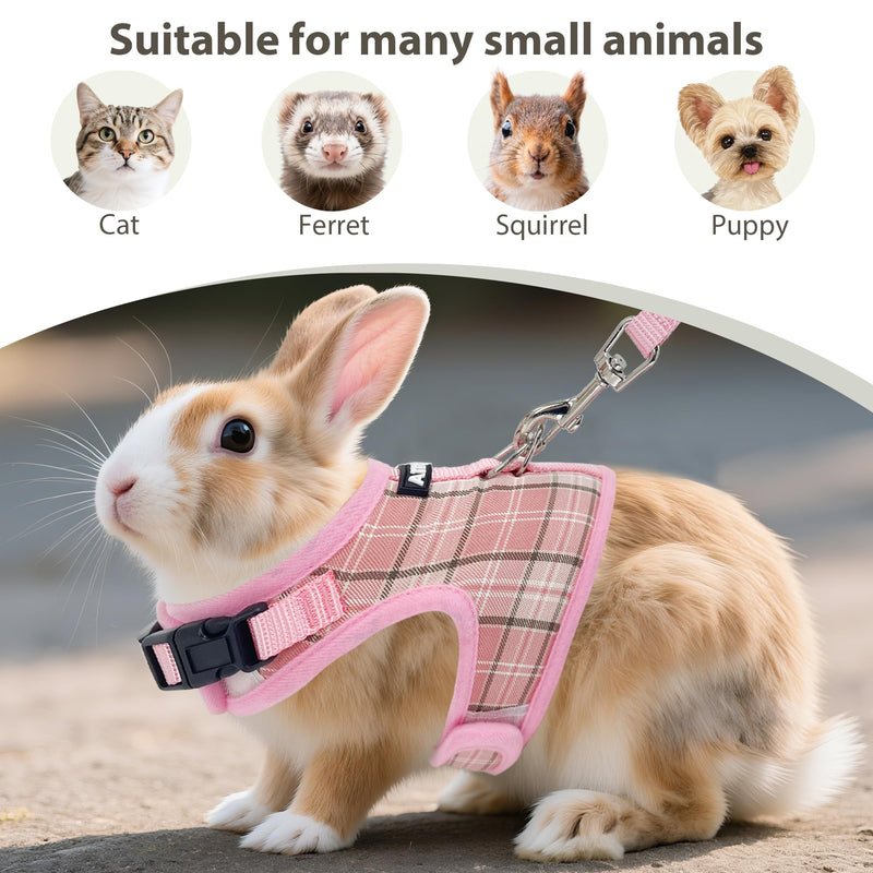 AIITLE Breathable Rabbit Harness and Leash Set - Plaid Pattern Padded Vest with Magic Tape Design, Dual D-Rings, Adjustable for Small Animal Pets, Indoor Outdoor Training Camping, Pink M - PawsPlanet Australia