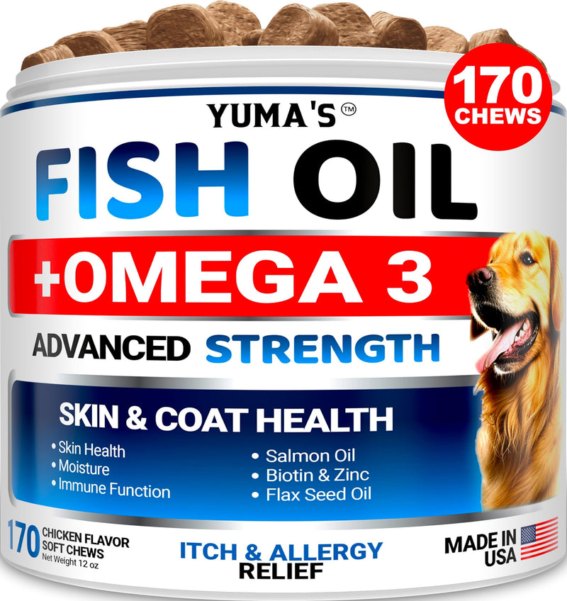 Omega 3 Fish Oil for Dogs - 170 Chews - Skin and Coat Supplement - Omega 3 for Dogs - Dry & Itchy Skin Relief Treatment - Allergy Support - Dog Anti Shedding Treats - Shiny Coats - EPA & DHA - Salmon - PawsPlanet Australia