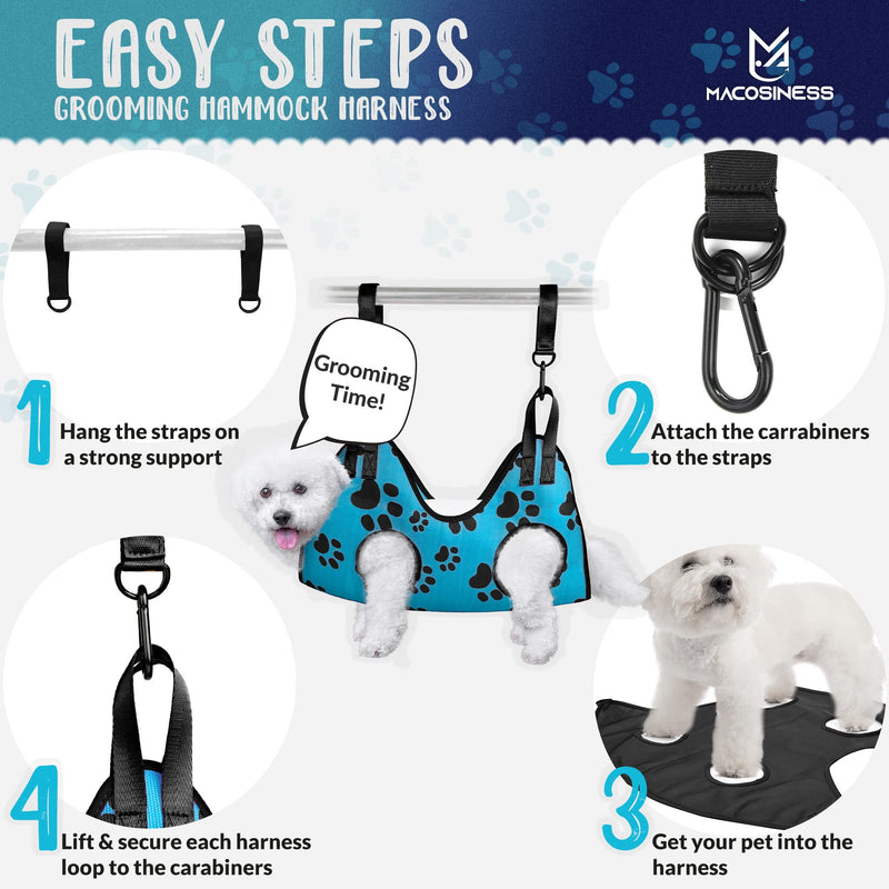 Pet Grooming Hammock for Nail Trimming - Dog Nail Clippers for Large Dogs - Pet Grooming Hammock with Hooks Dog Nail Clipper - Dog Hammock - Dog Sling for Small Dogs Lift Harness - Cat Harness - Pets PREMIUM SET - Aqua with black paws S - PawsPlanet Australia