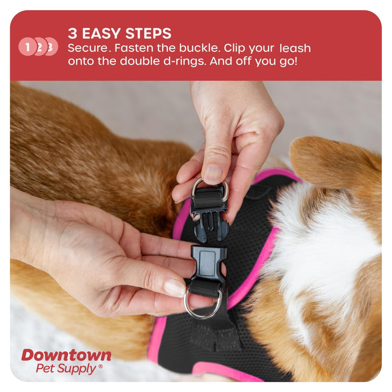 Downtown Pet Supply Step in Dog Harness for Small Dogs No Pull, Medium, Black w/Pink Trim - Adjustable Harness with Padded Mesh Fabric and Reflective Trim - Buckle Strap Harness for Dogs - PawsPlanet Australia