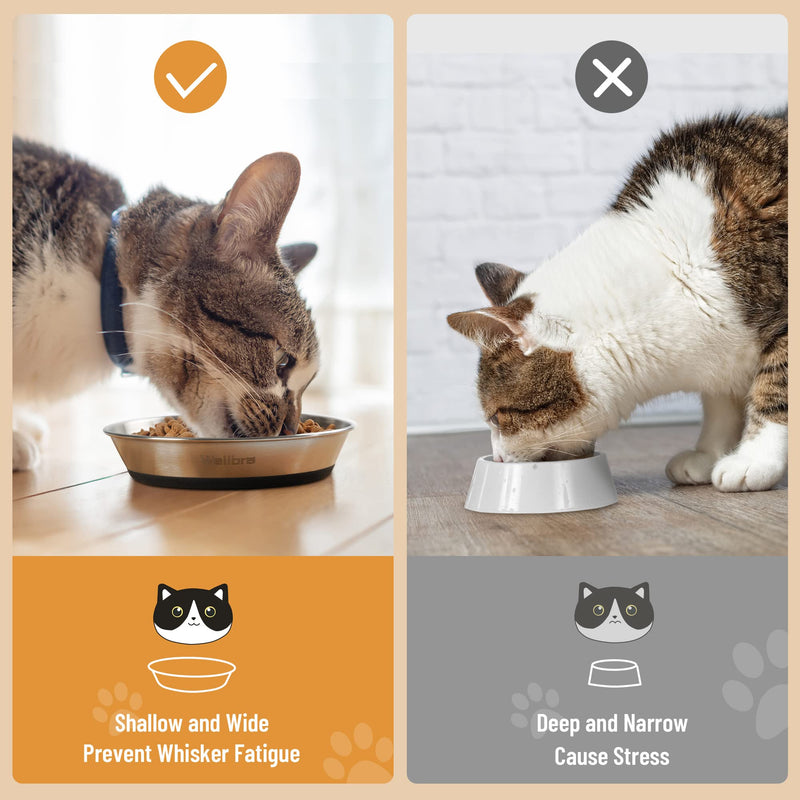 Cat Bowls, 2 Pcs Stainless Steel Cat Bowls for Food and Water, Whisker Fatigue Shallow Non-Slip Cat Dishes Plates for Small Dog Puppies Cats 2 Non-slip Bowls