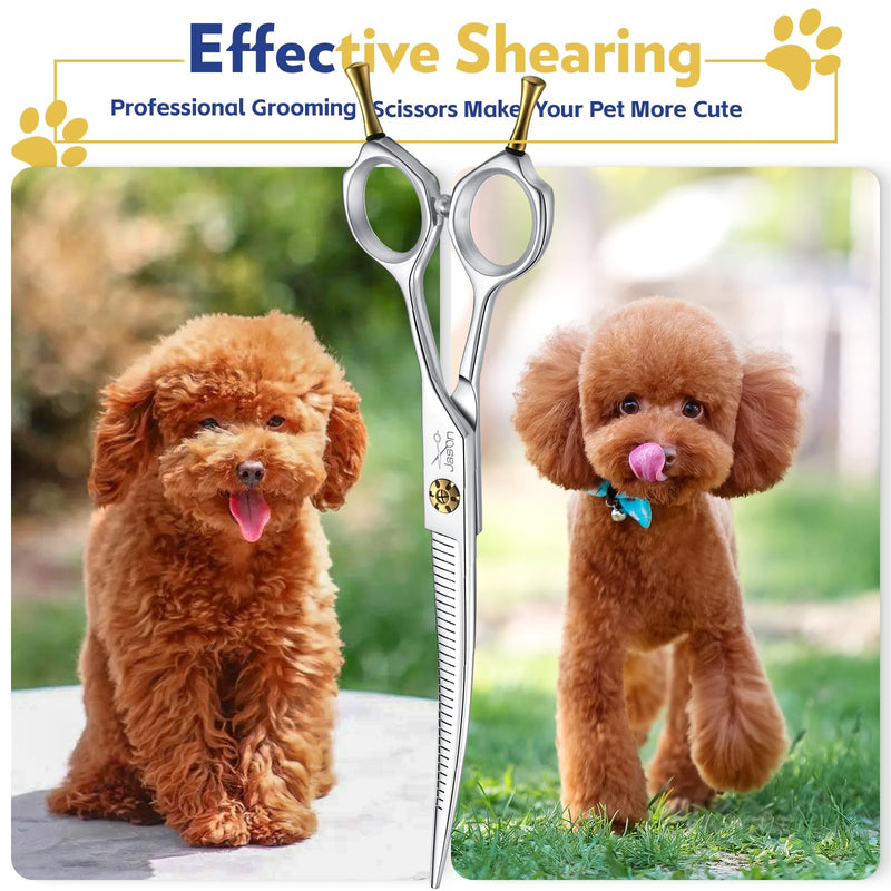 JASON 7" Dog Grooming Scissors - Up-curved Thinning Shears with 25%-30% Thinning Rate, Japanese 440C Stainless Steel Dog Blenders for Grooming with Adjustable Screw (32 Teeth, Silver) Christmas Gift - PawsPlanet Australia