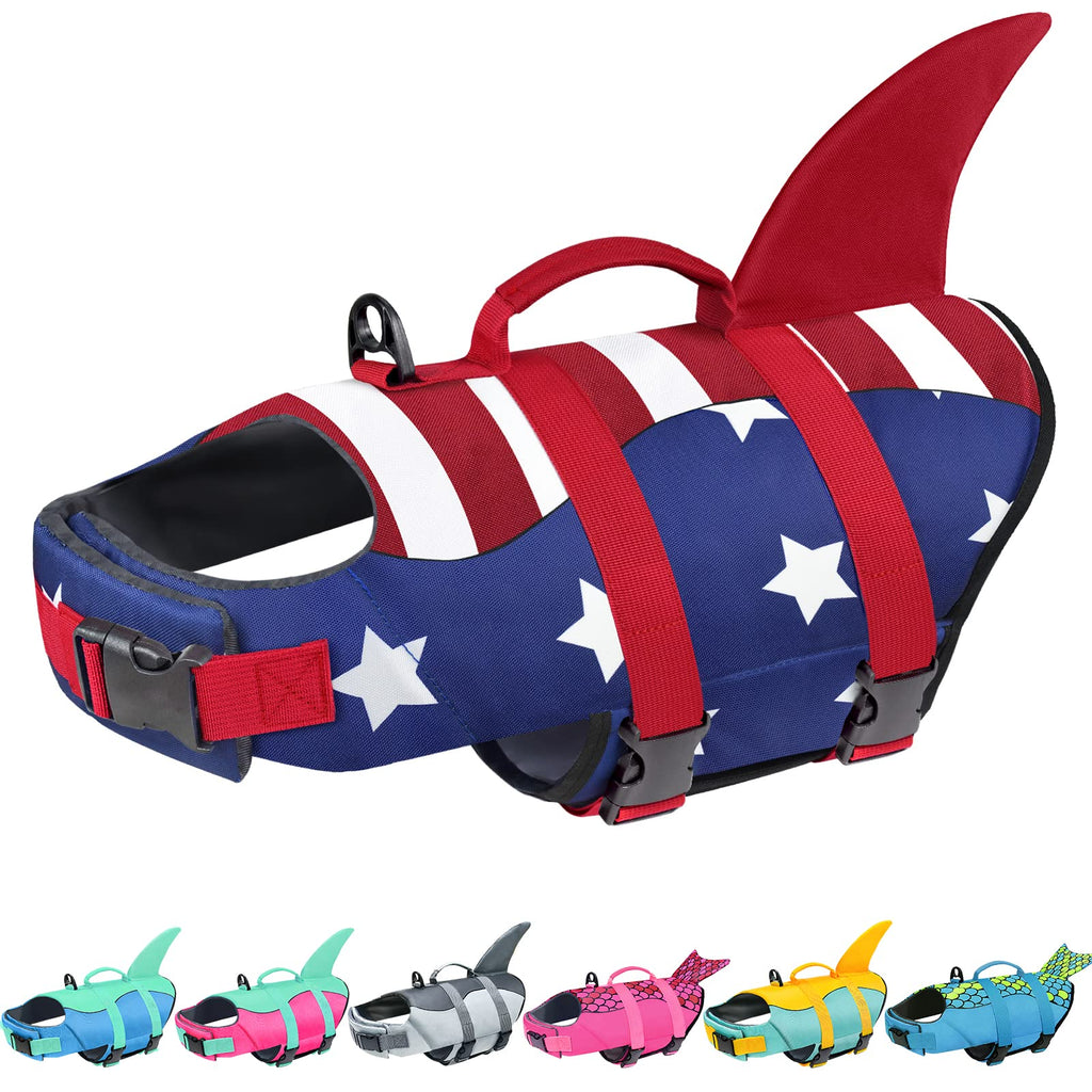 Malier Dog Life Jacket, High Buoyancy Shark Swimsuit, Ripstop American Flag, Medium, Red & Dark Blue