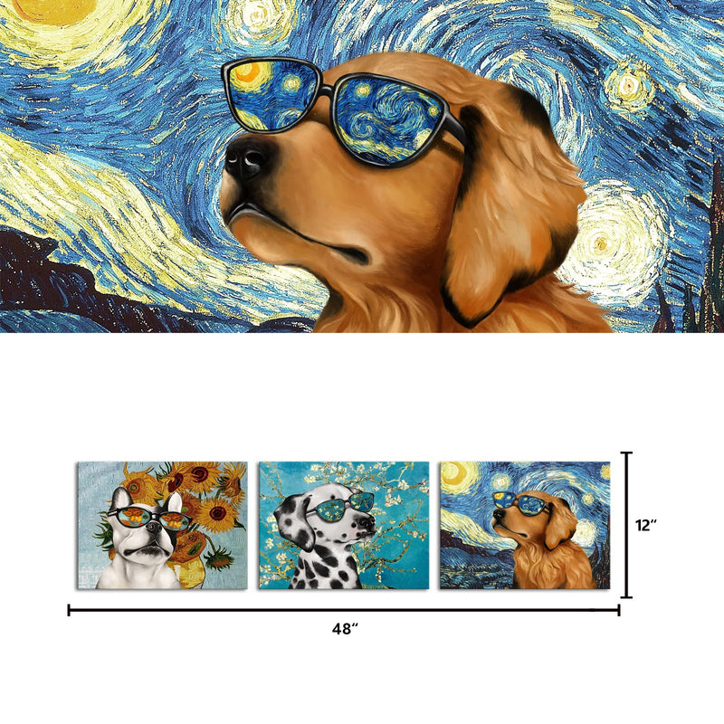 Visual Art Decor Creative Dog Picture for Wall Decor Van Gogh Starry Night Sunflower Sunflower Painting Prints in Dog's Sunglasses Bulldog Dalmatian Golden Retriever Poster for Living Room Pet Club