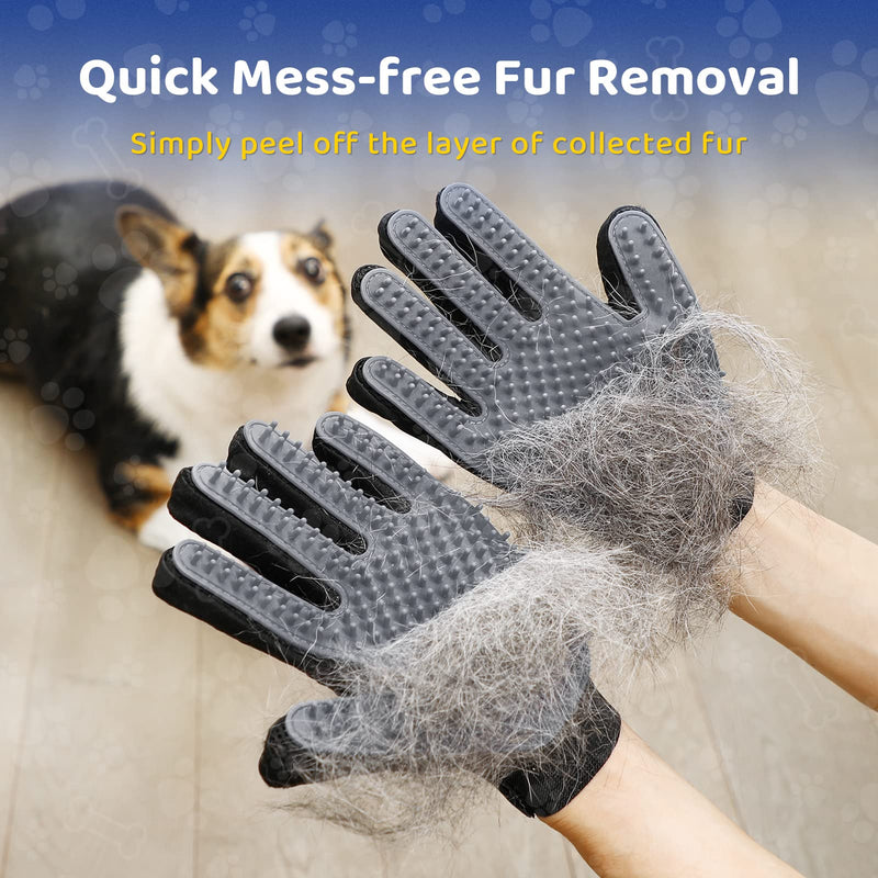 Upgrade Version Pet Grooming Glove - Gentle Deshedding Brush Glove - Efficient Pet Hair Remover Mitt - Enhanced Five Finger Design - Perfect for Dog & Cat with Long & Short Fur - 1 Pair (Gray) Gray-1 Pair