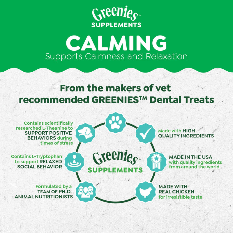 Greenies Supplements Calming Chews for Dogs Chicken Flavor, 40 Count Soft Chews Dog Calming Supplements, 7.3 oz. Container - PawsPlanet Australia