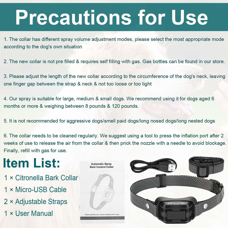 Citronella Bark Collar for Dogs, [No Spray Refill] Spray Dog Training Collar, Humane Citronella Dog Barking Collars, Safer Anti Barking Collar for L/M/S Dogs Black-21B - PawsPlanet Australia