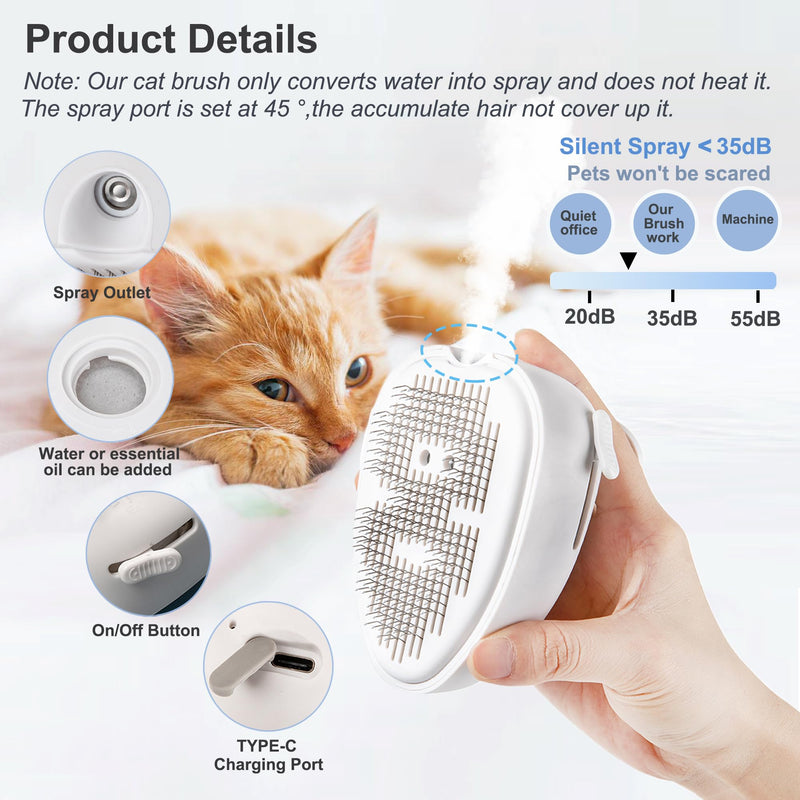 Cat Steam Brush for Shedding,Self Cleaning Cat Brush with Steam,Rechargeable Pet Steam Brush,Mist Brush Comb for Indoor Cats,Cat Hair Brush,Steamy Cat Brush for Short&Long Haired Pets.(White) White - PawsPlanet Australia