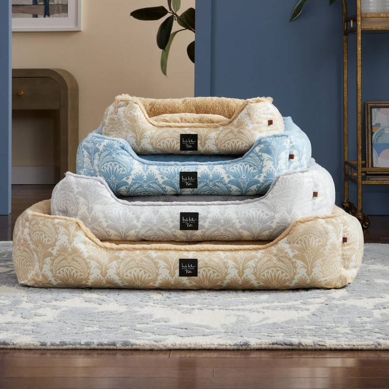 Nicole Miller New York PET Mod Damask Plushy Bolster Pet Bed, Cozy & Calming, Non-Slip Bottom, Machine Washable Cover, Taupe, Extra Small 19"x15"x6" 18.5"L x 14.6"W x 6.3"Th - PawsPlanet Australia