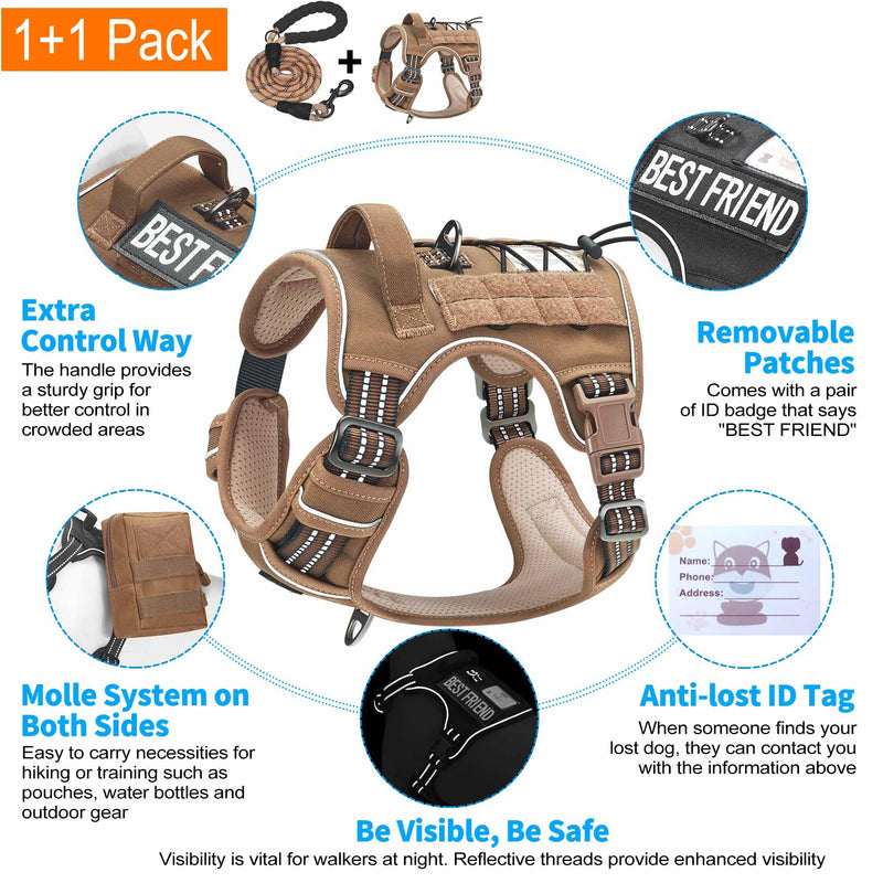 Heavy Duty Tactical Dog Harness for Medium Dogs, Brown, Molle System, Four-Point Adjustment, Anti-Lost ID Tag, Includes 5ft Leash - PawsPlanet Australia