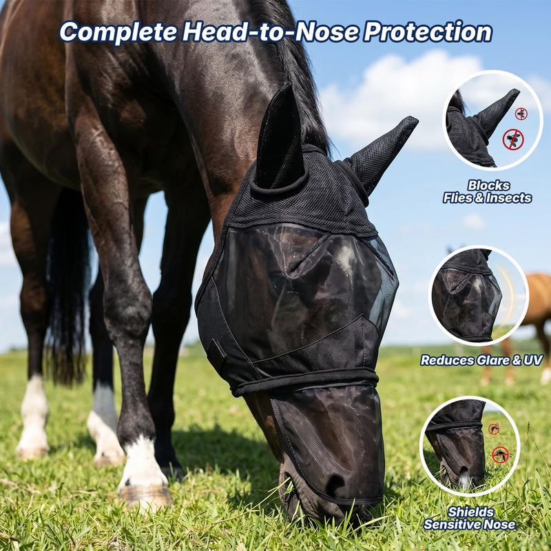 Horse Fly Mask with Ears and Detachable Nose Cover, UV Protection Breathable Mesh Equine Mask for Turnout & Training, Extra-Wide Strap for Sensitive Eyes, Adjustable (Black, L-Horse) BLACK